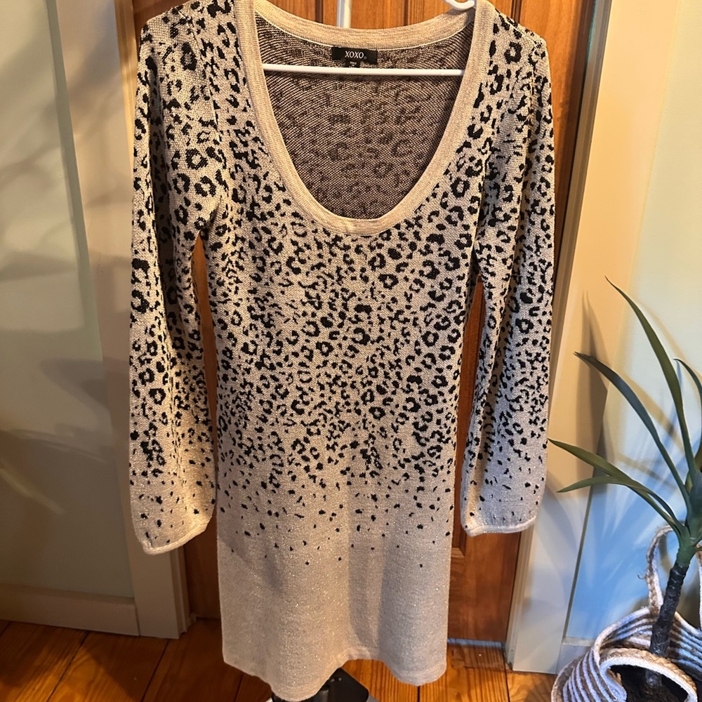 XOXO Animal Print Long Sleeve Dress - Black and Cream